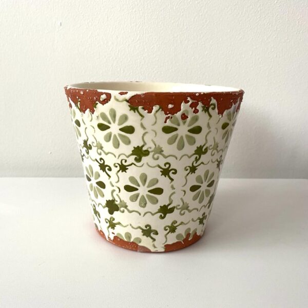 Handmade Distressed Green Floral Plant Pot