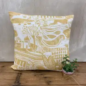 Sam Wilson 'Through The Fields' Square Linen Cushion - Ochre
