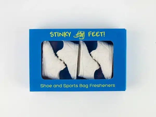 stinky feet linen in a blue box
