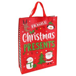 red bag with christmas Presents Fragile written on it