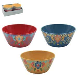 floral bowl design in red blue and yellow colours