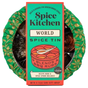 World spice tin with sari wrap image