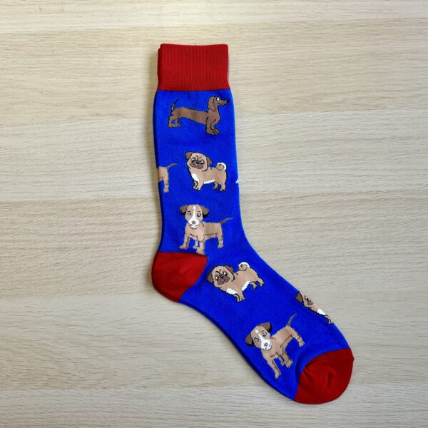 Sock Society blue socks with dogs on them red and blue toe and heal
