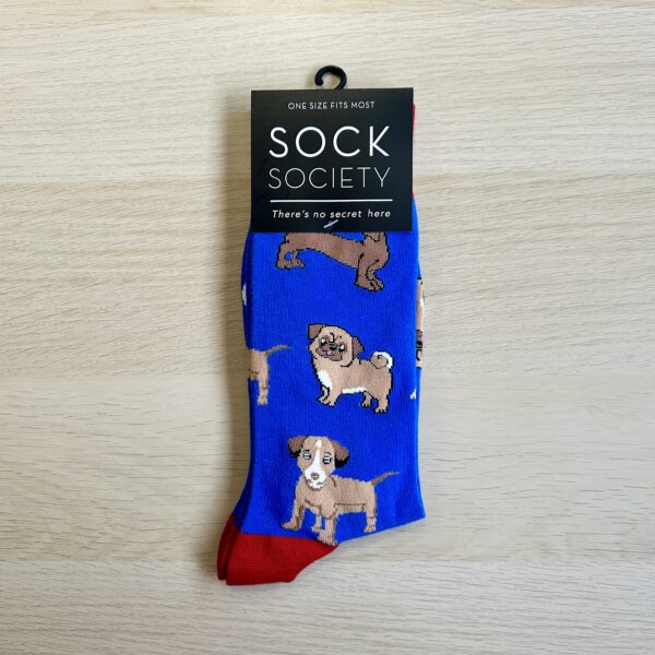 Sock Society blue socks with dogs on them