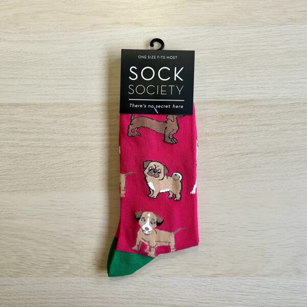 Sock Society red socks with dogs on them