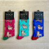 Sock Society blue socks, turquoise socks and red socks with dogs on them