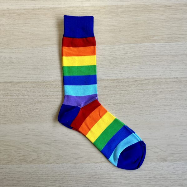 Rainbow socks with blue heels and toes