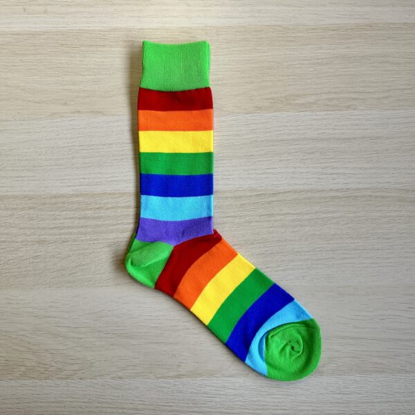 Rainbow socks with blue heels and toes