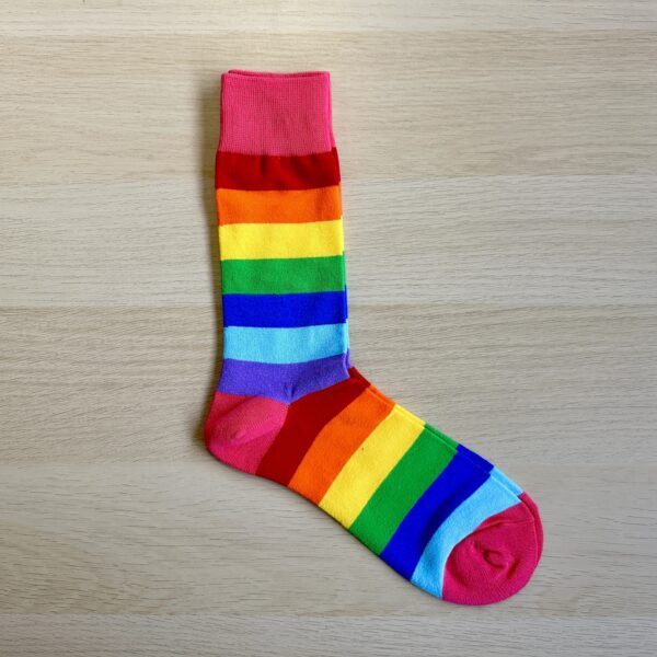 Rainbow socks with pink heels and toes
