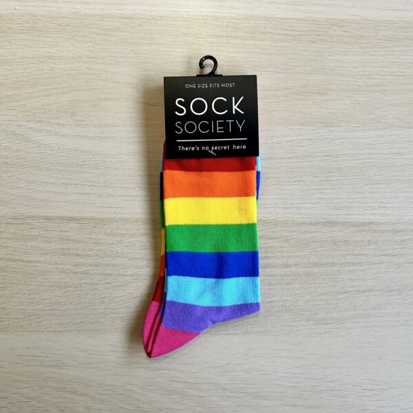 Rainbow socks with pink heels and toes