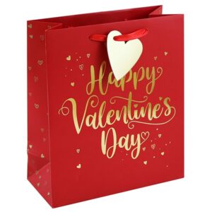 Happy Valentine Red Medium Gift Bag With Gold Hearts