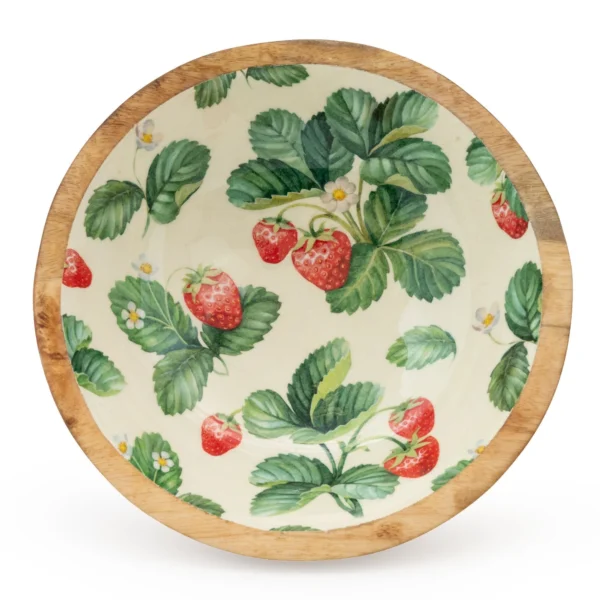 Handcrafted Large Mango Wood Bowl - Strawberries FRONT