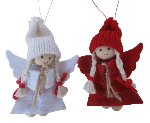 Small Wooden Hanging Christmas Fairy Dolls White and Red