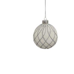 Festive 8cm Frosted White Glass Bauble with Pattern Silver Glitter