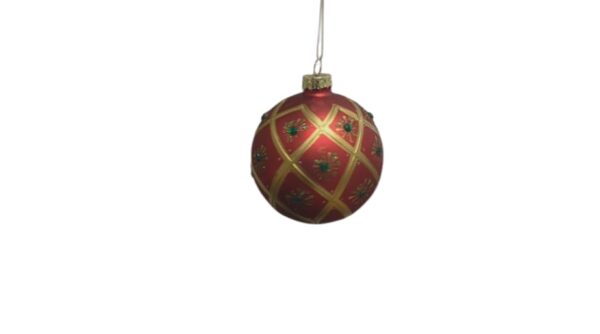 Festive 8cm Red and Gold Glass Bauble With Gold Pattern Glitter Green Gems