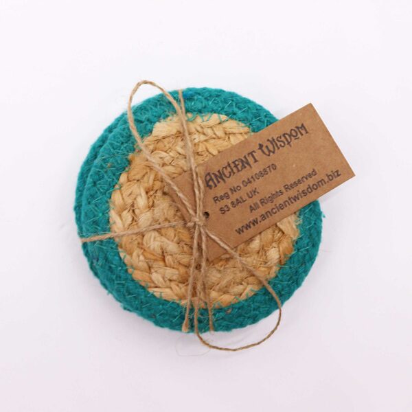 Natural Coaster - Jute & Cotton 10cm  (set of 4) - Teal Boarder - Image 2