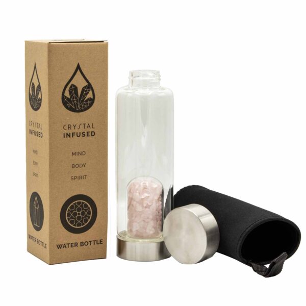 Crystal Infused Glass Water Bottle - Rejuvenating Rose Quartz - Chips - Image 3