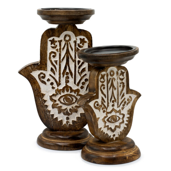 Mango Wood Candle Stand - Hamsa - Small - Image 2