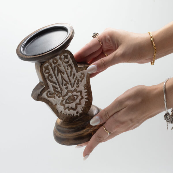 Mango Wood Candle Stand - Hamsa - Small - Image 5