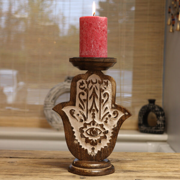 Mango Wood Candle Stand - Hamsa - Small - Image 6