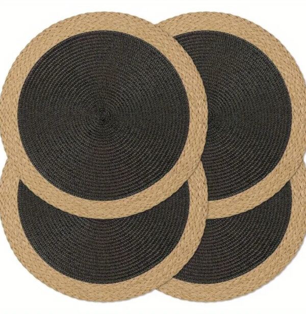 Natural Placemat – Jute | 30cm Round with Black Insert & Natural Border x4