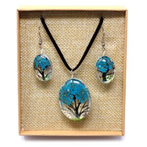 Pressed Flowers Jewellery Set - Tree of Life set - Teal