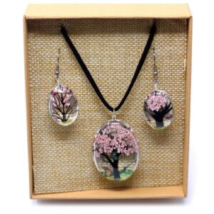 Pressed Flowers Jewellery Set - Tree of Life set - Pink