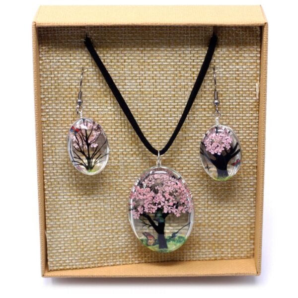 Pressed Flowers Jewellery Set - Tree of Life set - Pink