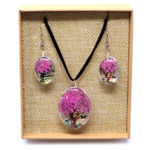 Pressed Flowers Jewellery Set - Tree of Life set - Bright Pink