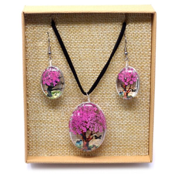 Pressed Flowers Jewellery Set - Tree of Life set - Bright Pink