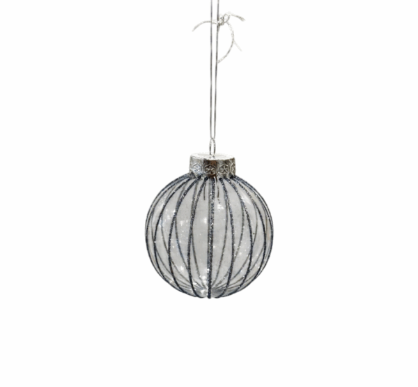 Silver Glitter Stripe Glass Bauble – 8cm