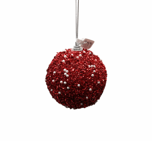 Red Beaded Bauble with Pearl Accents – 8cm