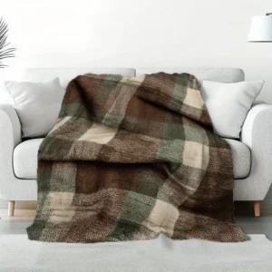 Brown & Green Check Throw Blanket – Cosy Rustic Sofa & Bed Throw