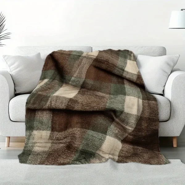 Brown & Green Check Throw Blanket – Cosy Rustic Sofa & Bed Throw