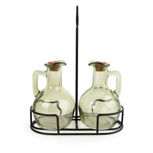 Set of 2 Green Glass Oil Bottles with Stand