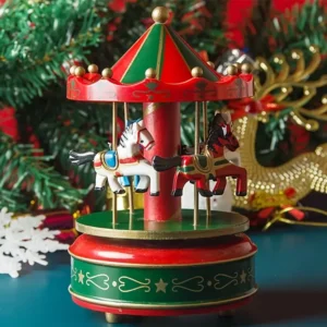 Green Wooden Christmas Carousel Decoration – Rotating Musical Horse Ornament