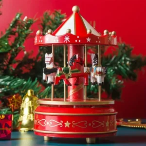 Wooden Christmas Carousel Decoration – Rotating Musical Horse Ornament