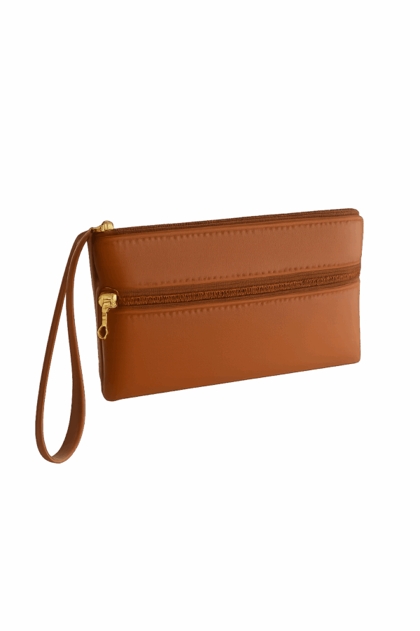 brown Women’s Double Zipper PU Leather Clutch Bag
