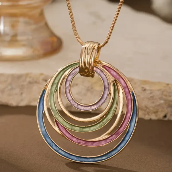 Rainbow Enamel Circle Pendant Necklace