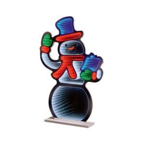 Premier 60cm LED Infinity Mirror Snowman with red scarf and blue hat holding a parcel, featuring a colourful 3D optical illusion light effect.