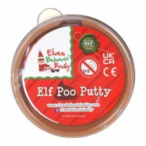 Elves Behavin’ Badly Elf Poo Putty in brown tub with festive red label — a funny novelty stocking filler for Christmas and Elf on the Shelf fun.