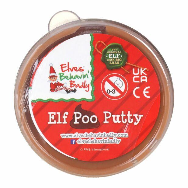 Elves Behavin’ Badly Elf Poo Putty in brown tub with festive red label — a funny novelty stocking filler for Christmas and Elf on the Shelf fun.