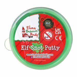 Elves Behavin’ Badly Elf Snot Putty in green tub with festive red label — funny Christmas slime toy and novelty stocking filler.