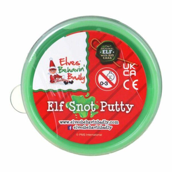 Elves Behavin’ Badly Elf Snot Putty in green tub with festive red label — funny Christmas slime toy and novelty stocking filler.