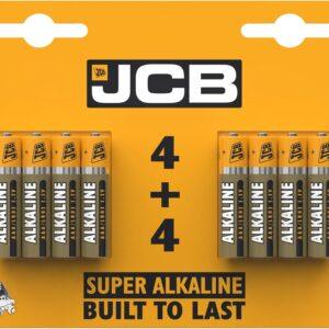 JCB Super Alkaline AAA Batteries 4 + 4 Pack in yellow retail packaging, built to last with up to seven times more power for small household devices. Would you like me to create SEO image filename suggestions (e.g., jcb-super-alkaline-aaa-batteries-4plus4-pack.jpg) for consistent optimisation across your product images? JCB Super Alkaline AAA Batteries 4 + 4 Pack in yellow retail packaging, built to last with up to seven times more power for small household devices.