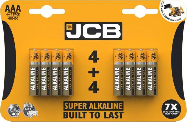 JCB Super Alkaline AAA Batteries 4 + 4 Pack in yellow retail packaging, built to last with up to seven times more power for small household devices. Would you like me to create SEO image filename suggestions (e.g., jcb-super-alkaline-aaa-batteries-4plus4-pack.jpg) for consistent optimisation across your product images? JCB Super Alkaline AAA Batteries 4 + 4 Pack in yellow retail packaging, built to last with up to seven times more power for small household devices.