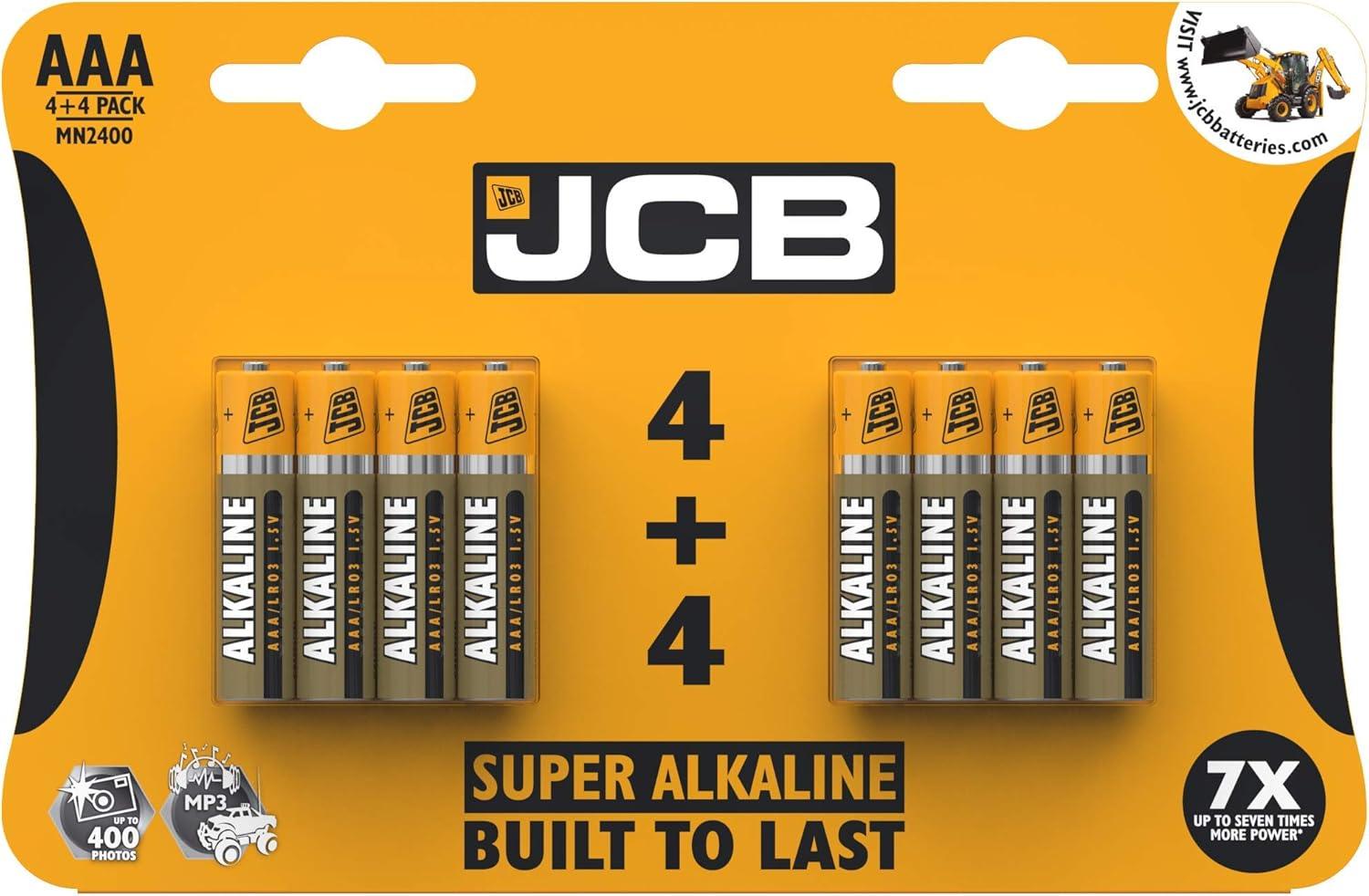 JCB Super Alkaline AAA Batteries 4 + 4 Pack in yellow retail packaging, built to last with up to seven times more power for small household devices. Would you like me to create SEO image filename suggestions (e.g., jcb-super-alkaline-aaa-batteries-4plus4-pack.jpg) for consistent optimisation across your product images? JCB Super Alkaline AAA Batteries 4 + 4 Pack in yellow retail packaging, built to last with up to seven times more power for small household devices.