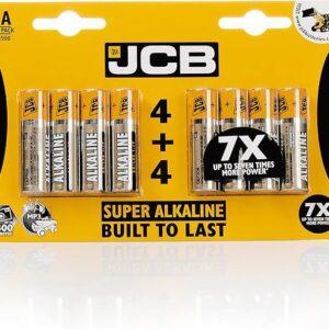 JCB Super Alkaline AA Batteries 4 + 4 Pack in yellow retail packaging, built to last with up to seven times more power for high-performance devices.