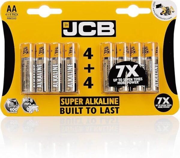 JCB Super Alkaline AA Batteries 4 + 4 Pack in yellow retail packaging, built to last with up to seven times more power for high-performance devices.
