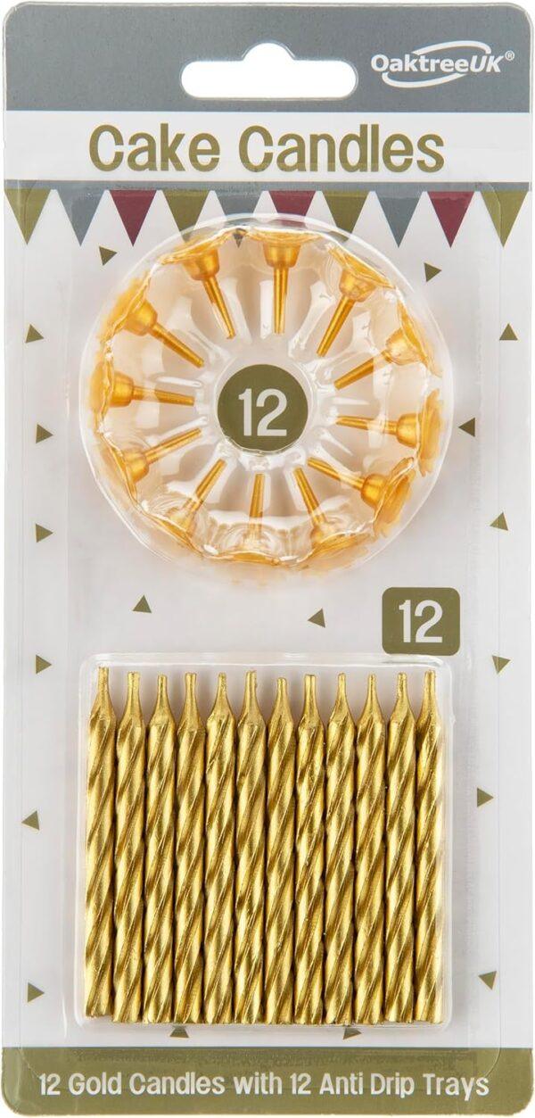 Spiral Cake Candles Metallic Gold 12 Candles and 12 Holders